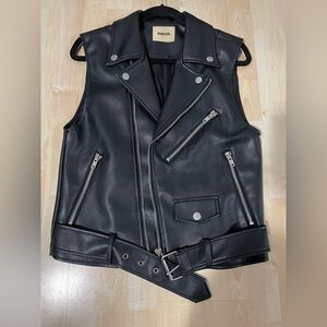 Genuine Leather Black Moto Vest – Size S – Belted Biker Style